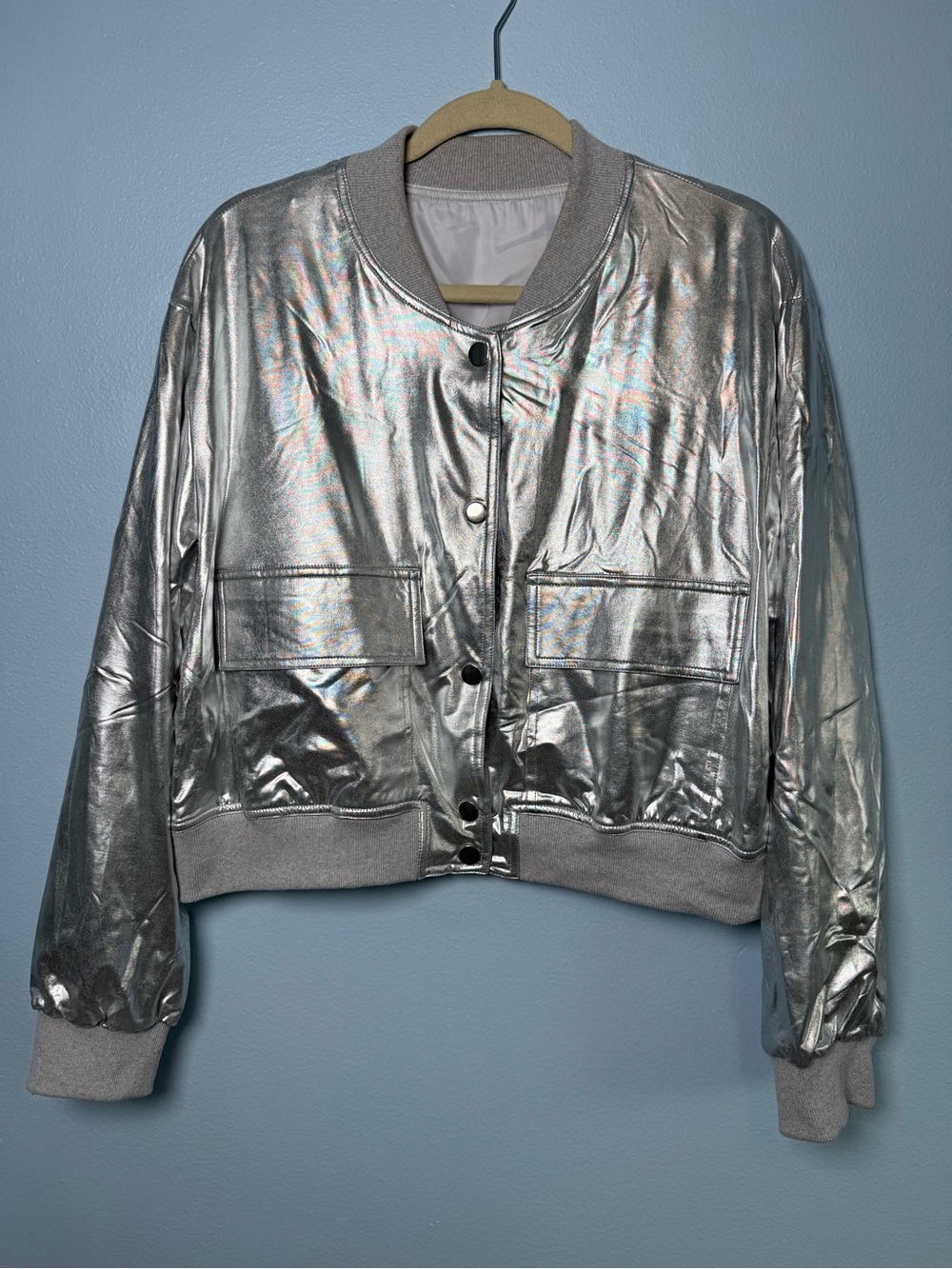Lightweight Metallic Silver Bomber Jacket - Women's Shiny Bomber